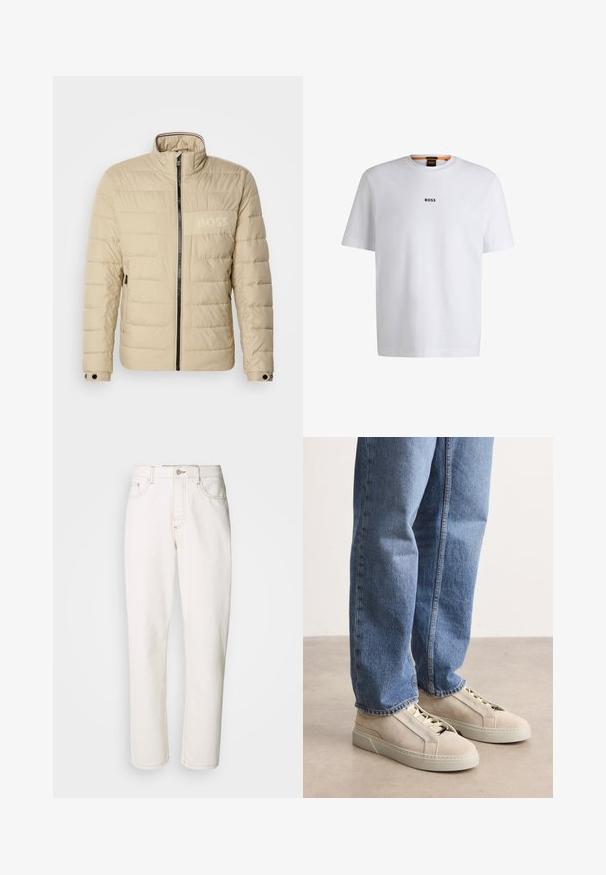 Beige gepolsterte Jacke mit hohem Kragen, horizontalen Nähten, zwei seitlichen Taschen und einem schwarzen Reißverschluss, der ein dezentes "BOSS"-Logo auf der Brust trägt.; Weißes Baumwoll-T-Shirt mit kurzen Ärmeln, ausgestattet mit einem schwarzen "BOSS"-Logo, das mittig auf der Brust platziert ist, und einem runden Halsausschnitt.; Weiße Jeans aus Denim mit geradem Bein, ausgestattet mit gestickten Nähten, einem metallischen Knopfverschluss und einer klassischen fünf-Pocket-Konstruktion.; BOSS GARYTENN_SDHDEL - Sneaker low - natural ten