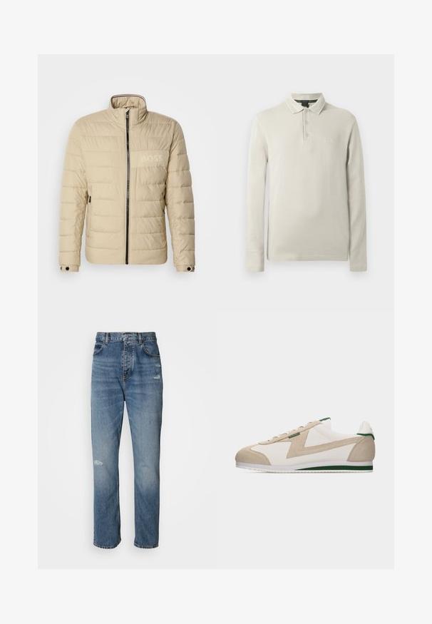 Beige gewatteerde jas met een hoge kraag, horizontale stiksels, twee zijzakken en een zwarte rits, met een subtiele "BOSS" logo op de borst.; Poloshirt met lange mouwen in lichtbeige, gemaakt van zachte stof. Voorzien van een kraag, een knoopsluiting met drie knopen en subtiele logo-borduring op de borst.; Lichtblauwe denim jeans met een rechte pijpdesign, voorzien van een knoop- en ritssluiting, vijf zakken en verwerkte details nabij de knie.; Witte en beige lage sneaker met groene accenten, suède overlays en een witte zool met een groene streep, weergegeven vanaf de zijkant.