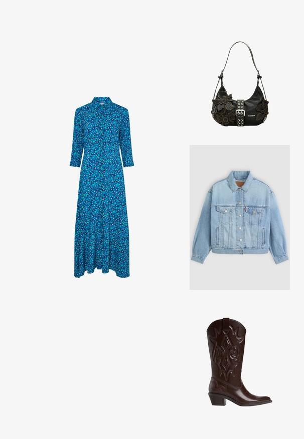 Lys blå denimjakke med klassisk krave, knaplukning, to brystlommer, afslappet pasform og synlige syningsdetaljer.; Lang, blå blomsterkjole med krave, halvlange ærmer og en svag nederdel. Har et levende mix af blå nuancer samt små hvide og lyserøde mønstre.; Brun cowboystøvle i læder med indviklede sømme, spids snude og stablet hæl. Har en træktab i toppen for nem påtagning.; Sort læderhåndtaske med tredimensionelle blomsterdekorationer, en sølvspænde og dekorative metaløjer. Justerbar rem.