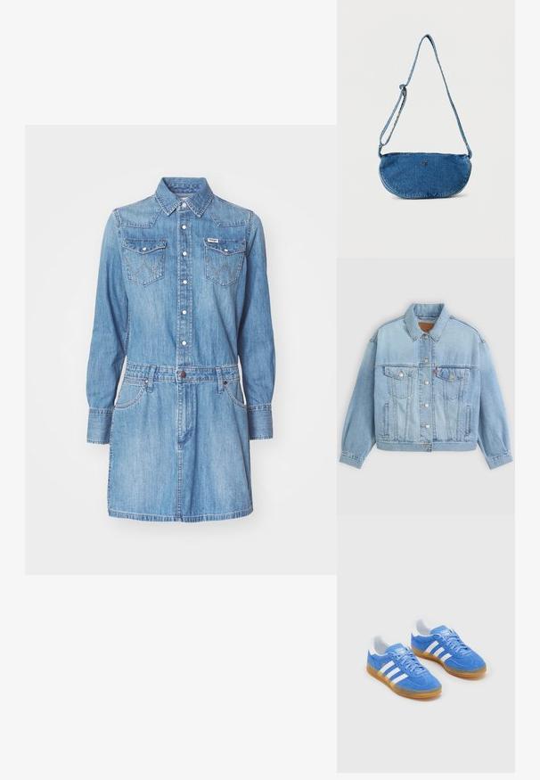 Lys blå denimjakke med klassisk krave, knaplukning, to brystlommer, afslappet pasform og synlige syningsdetaljer.; Denim skjortekjole i lyseblå, med krave, lange ærmer, to brystlommer og en tætsiddende talje. Har kontrasterende syninger og knapper.; Blå ruskinds sportsko med hvide stribede detaljer, gummisål og polstret krave for komfort. Har klassisk snørebåndsdesign.; Blå denim crossbody taske med justerbar rem og lille metallisk logo foran, vist mod hvid baggrund.