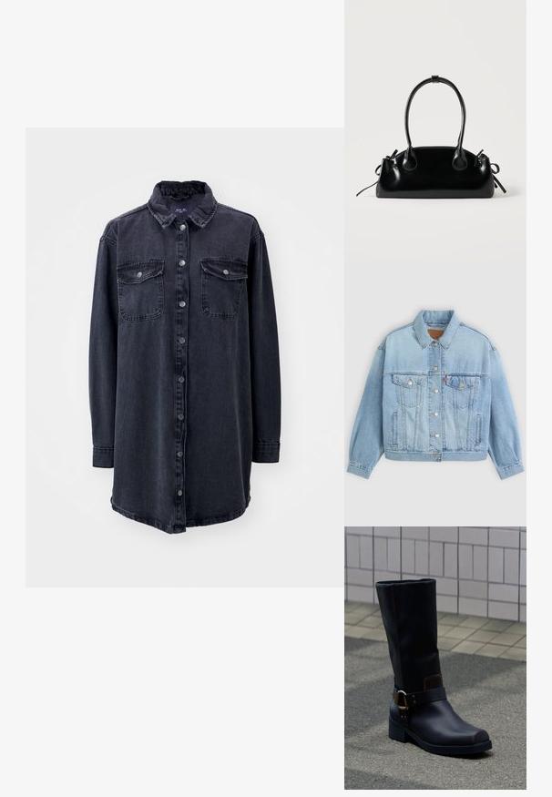 Lys blå denimjakke med klassisk krave, knaplukning, to brystlommer, afslappet pasform og synlige syningsdetaljer.; Mørk denim skjorte med krave, lange ærmer, frontknapper og to brystlommer. Har en let løs pasform og buet nederkant.; Sort midt på læggen læderstøvle med lav hæl og dekorativ rem med metalspænde, stående på en grå belagt overflade nær en flisevæg.; Lille sort blank håndtaske med to lange håndtag og snøre-detaljer i siden på en ensfarvet lys baggrund.