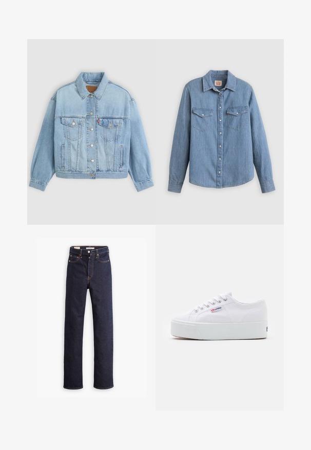 Lys blå denimjakke med klassisk krave, knaplukning, to brystlommer, afslappet pasform og synlige syningsdetaljer.; Lyseblå denimskjorte med lange ærmer, knapper foran, to brystlommer og klassisk krave. Glat tekstur og afslappet pasform.; Mørkeblå straight-leg denim jeans med fem lommer og synlig orange syning på hvid baggrund.; Hvide canvas sneakers med en tyk hvid platformssål, rund tå og metaløjelets til snørebånd. Mærkets logo præsenteret på siden.