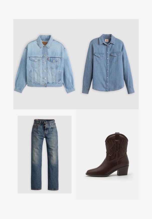 Veste en denim bleu clair avec un col classique, fermeture boutonnée, deux poches poitrine, coupe décontractée et détails de couture visibles.; Chemise en denim bleu clair à manches longues, boutonnée à l'avant, avec deux poches poitrine et un col classique. Texture lisse et coupe décontractée.; Jeans en denim bleu avec une coupe droite, dotés de coutures visibles, d'une fermeture éclair et de cinq poches. Des zones décolorées ajoutent de la texture.; Bottes de cowboy en cuir marron avec des bouts pointus, des motifs d'ailes gaufrés, un talon bloc de hauteur intermédiaire et une languette à l'arrière.