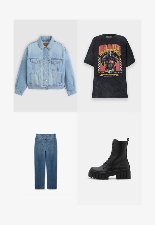 Hellblaue Jeansjacke mit klassischem Kragen, Knopfverschluss, zwei Brusttaschen, lässiger Passform und sichtbaren Nähten.; Schwarzes Von Dutch T-Shirt mit Grafik eines Skeletts auf einem Motorrad, Flammen, karierten Fahnen und Veranstaltungsdetails in Rot und Gelb.; Dunkelblaue Jeans mit geradem Bein, ausgestattet mit zwei Gesäßtaschen und einem schlichten Bund, von der Rückansicht gezeigt.; Schwarze Lederknöchelstiefel mit klobiger, gerippter Sohle, Schnürung vorne und Zuglasche auf glattem weißen Hintergrund.