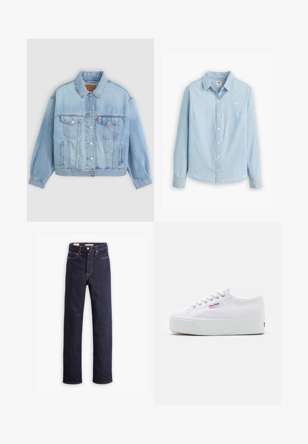 Veste en denim bleu clair avec un col classique, fermeture boutonnée, deux poches poitrine, coupe décontractée et détails de couture visibles.; Chemise boutonnée bleu clair en denim doux. Dotée d'un col classique et de manches longues, avec un petit logo sur la poitrine.; Jean en denim droit bleu foncé avec cinq poches et coutures orange visibles sur un fond blanc.; Baskets en toile blanches avec une épaisse semelle plateforme blanche, bout rond et œillets en métal pour les lacets. Logo de la marque affiché sur le côté.