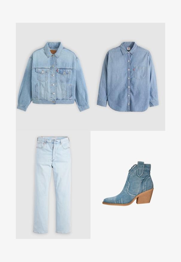 Lichtblauwe denim jacket met een klassieke kraag, knoopsluiting, twee borstzakken, een ontspannen pasvorm en zichtbare stiksels.; Lichtblauw denimoverhemd met een button-down kraag, borstzakje en lange mouwen. Heeft een afgeronde zoom en een subtiele textuur.; Lichtblauwe high-waist jeans met rechte pijpen, knoopsluiting en voor- en achterzakken op een effen witte achtergrond.; Blauwe spijkerdenim enkellaarsjes met een spitse neus, verouderde textuur en een gestapelde houten hak. Voorzien van zijlussen voor makkelijk aan- en uittrekken.