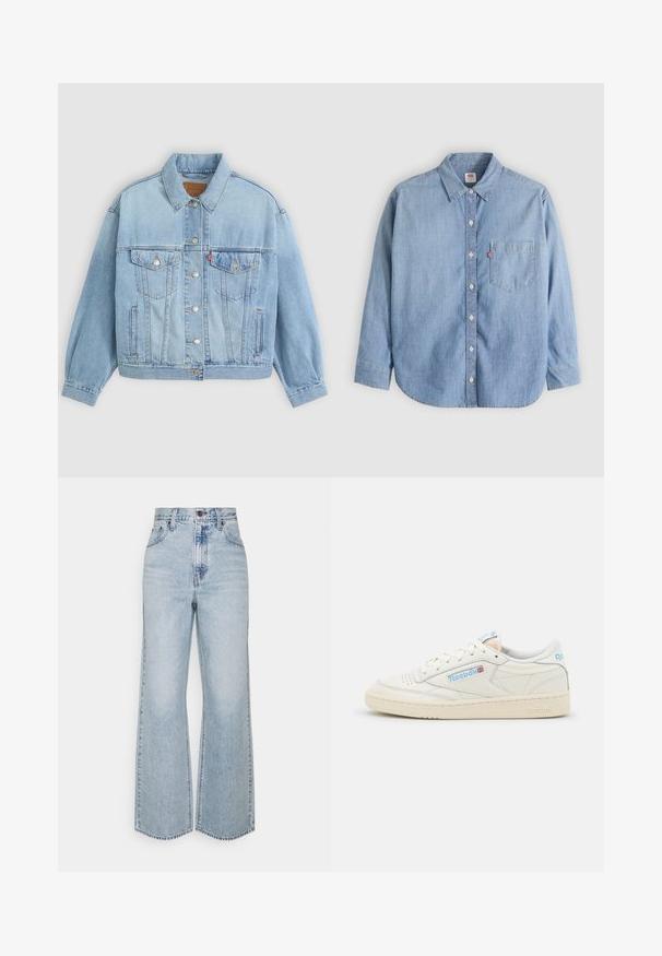 Lys blå denimjakke med klassisk krave, knaplukning, to brystlommer, afslappet pasform og synlige syningsdetaljer.; Lyseblå denimskjorte med button-down-krave, forlompe og lange ærmer. Har en buet kant og en subtil tekstur.; Lysblå denim brede ben jeans med høj talje, klassisk fem-lomme design og kontrasterende syninger. Uslebne kanter i bunden.; Reebok sneakers i off-white læder med lyseblå detaljer. Har perforeret tå, flade snørebånd og tekstureret gummisål.