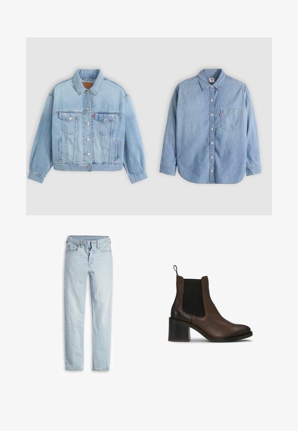 Lys blå denimjakke med klassisk krave, knaplukning, to brystlommer, afslappet pasform og synlige syningsdetaljer.; Lyseblå denimskjorte med button-down-krave, forlompe og lange ærmer. Har en buet kant og en subtil tekstur.; Lyseblå denimjeans med høj talje, fem-lomme design, knaplukning og lige ben. Har subtilt slid og en tekstureret finish.; Brune læderankelstøvler med elastiske sidepaneler, en blokhæl, glat tekstur og en trække-flap for nem påtagning.
