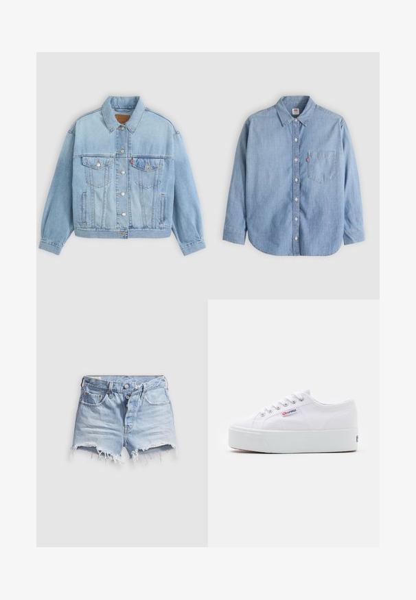Hellblaue Jeansjacke mit klassischem Kragen, Knopfverschluss, zwei Brusttaschen, lässiger Passform und sichtbaren Nähten.; Hellblaues Jeanshemd mit Knopfleiste am Kragen, Brusttasche und langen Ärmeln. Verfügt über einen abgerundeten Saum und eine subtile Textur.; Hellblaue Jeans-Cut-off-Shorts mit ausgefransten Säumen, fünf Taschen und einem Knopfverschluss. Die Textur ist weich mit einem leicht abgenutzten Aussehen.; Weiße Leinenschuhe mit einer dicken weißen Plattformsohle, runder Zehenpartie und Metallösen für die Schnürsenkel. Markenlogo an der Seite angebracht.