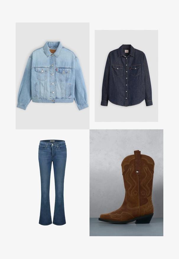 Hellblaue Jeansjacke mit klassischem Kragen, Knopfverschluss, zwei Brusttaschen, lässiger Passform und sichtbaren Nähten.; Dunkelblaues Denim-Hemd mit langen Ärmeln, knöpfbarem Frontverschluss, zwei Brusttaschen mit Klappen und kontrastierendem gelben Stich.; Blaue Jeans im Flared-Stil mit mittelhoher Taille, ausgestattet mit Ziernähten, zwei vorderen Taschen und einer hinteren Paspeltasche.; Brauner Wildleder-Cowboystiefel mit dekorativer Stickerei und einem Flaggenemblem am Schaft, stehend auf einem Boden aus Holzlatten im Freien.