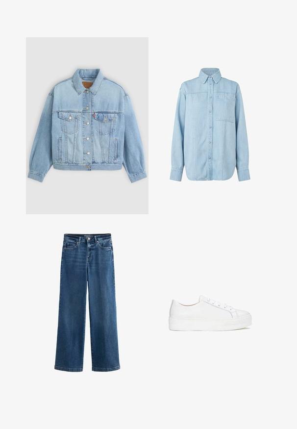 Lichtblauwe denim jacket met een klassieke kraag, knoopsluiting, twee borstzakken, een ontspannen pasvorm en zichtbare stiksels.; Lichtblauwe denim overhemd met lange mouwen, knoopsluiting aan de voorkant, puntige kraag, enkele borstzak en subtiele verticale stiklijn details.; Blauwe wijde jeans van denim, met een hoge taille, vijf zakken, subtiele vervaging, knoopsluiting en contrasterende stiksels.; Witte leren sneaker met een glad oppervlak, ronde neus en platte zool. Voorzien van vetersluiting en subtiele stiksels.