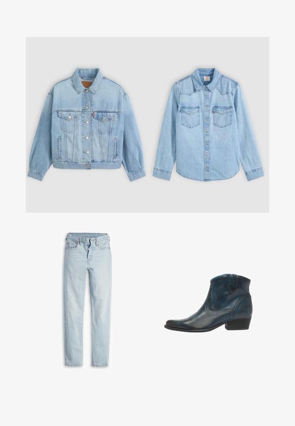 Hellblaue Jeansjacke mit klassischem Kragen, Knopfverschluss, zwei Brusttaschen, lässiger Passform und sichtbaren Nähten.; Hellblaues Jeanshemd mit langen Ärmeln, Knopfleiste, zwei Brusttaschen mit Klappen und einem klassischen spitzen Kragen vor grauem Hintergrund.; Helle blaue Jeans aus Denim mit hoher Taille, fünf Taschen, Knopfverschluss und geradem Schnitt. Verfügt über sanfte Ausbleichungen und eine strukturierte Oberfläche.; Cowboy-Stiefel aus dunkelblauem Leder, mit spitz zulaufender Zehenpartie, geschwungenen Akzenten und einem niedrigen, gestapelten Absatz mit dezenten Nähdetails.