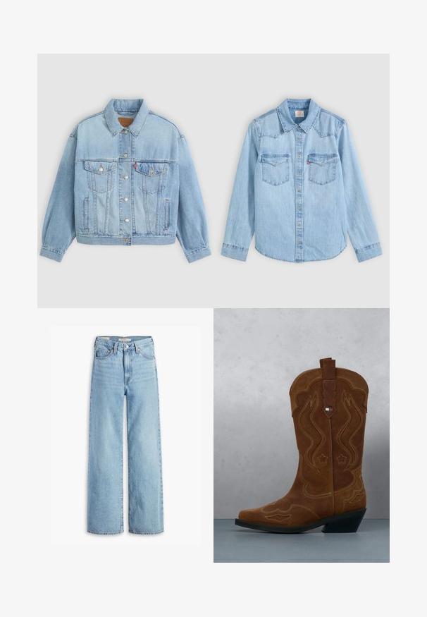 Lichtblauwe denim jacket met een klassieke kraag, knoopsluiting, twee borstzakken, een ontspannen pasvorm en zichtbare stiksels.; Lichtblauw denim overhemd met lange mouwen, knoopsluiting, twee borstzakken met kleppen en een klassieke puntige kraag op een grijze achtergrond.; Lichtblauwe, hoge taille, wijde jeans met een voorste knoop en ritssluiting, riemlussen en vijf zakken.; Bruine suède cowboylaars met decoratieve stiksels en een vlagembleem op de schacht, staande op een houten lattenvloer buiten.