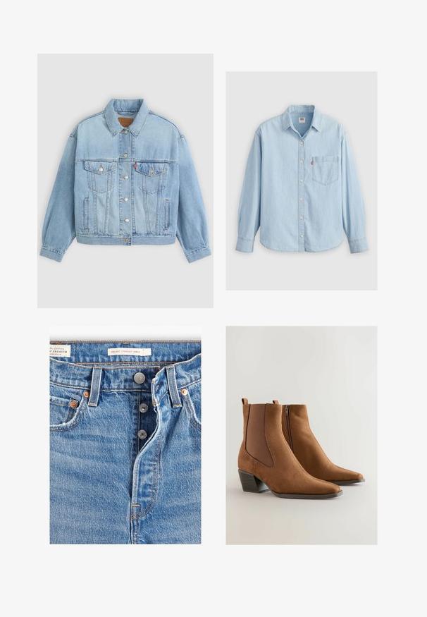 Lys blå denimjakke med klassisk krave, knaplukning, to brystlommer, afslappet pasform og synlige syningsdetaljer.; Lyseblå denimskjorte med spidse kraver, lange ærmer, knaplukning og en brystlomme med et lille logomærke.; Lyseblå denim jeans med lige ankelpasform. Indeholder fem lommer, to metalknapper og synlig orange syning. Der er mærker til stede.; Brune ruskind ankelstøvler med spids tå, elastiske sidestykker og en lav stablet hæl. Har en lynlås på den ene side.