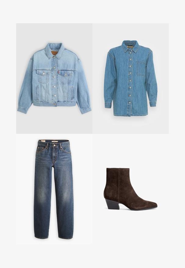 Lichtblauwe denim jacket met een klassieke kraag, knoopsluiting, twee borstzakken, een ontspannen pasvorm en zichtbare stiksels.; Lichtblauwe denimshirt met een knoopsluiting aan de voorkant, puntige kraag en lange mouwen. Bevat een enkele borstzak en gouden hardware.; Donkerblauwe spijkerbroeken met een rechte pijp, voorzien van vijf zakken, koperen klinknagels en subtiele vervaging op de dijen.; Bruine suède enkellaarsjes met een puntige neus, middelgrote blokhak en minimale stiksels voor een strakke uitstraling.