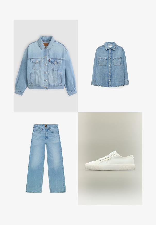Hellblaue Jeansjacke mit klassischem Kragen, Knopfverschluss, zwei Brusttaschen, lässiger Passform und sichtbaren Nähten.; Hellblaues Jeanshemd mit Knöpfen, zwei Brusttaschen und langen Ärmeln, auf weißem Hintergrund dargestellt.; Helles Blau, weite Jeans aus Denim. Verfügt über ein klassisches Fünf-Taschen-Design und eine subtile verblasste Textur. Knopf- und Reißverschluss.; Weißer Low-Top Canvas-Sneaker mit strukturierter Gummisohle, weißen Schnürsenkeln und kleinem Calvin Klein-Label an der Seite.