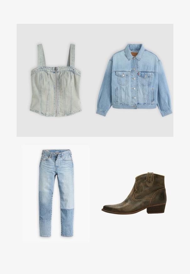 Lichtblauwe denim jacket met een klassieke kraag, knoopsluiting, twee borstzakken, een ontspannen pasvorm en zichtbare stiksels.; Lichtblauw denim korsetje met brede banden, ritssluiting aan de voorkant, verticale naaddetails en een rechte zoom.; Lichtblauwe denim jeans met een uniek paneelontwerp in verschillende tinten en texturen. Klassiek vijf-pocket model met een ritssluiting.; Bruine leren enkellaars met een spitse neus, decoratieve stiksels en een lage hak. Heeft een subtiele gestructureerde afwerking en een trekker aan de achterkant.