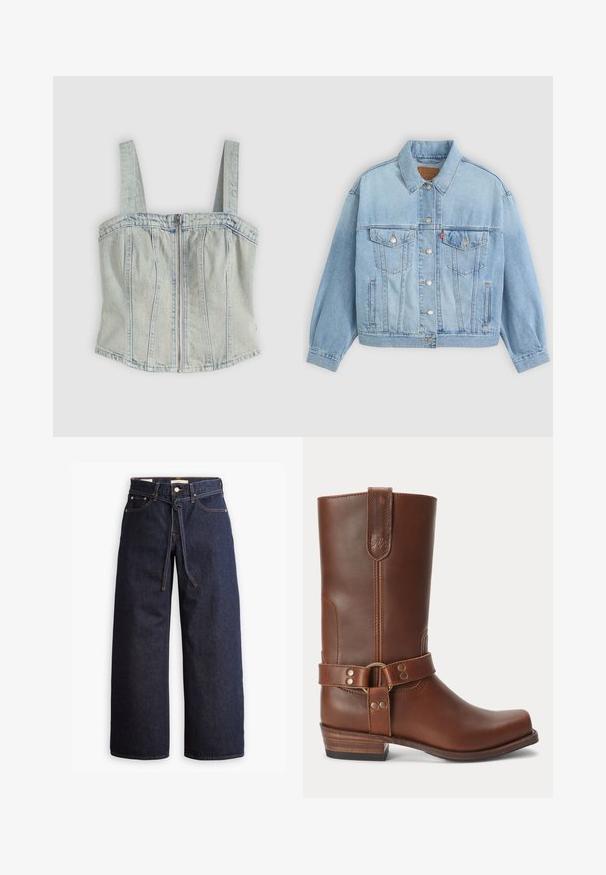 Lys blå denimjakke med klassisk krave, knaplukning, to brystlommer, afslappet pasform og synlige syningsdetaljer.; Lyseblå denim korsett-top med brede stropper, lynlåslukning foran, lodrette sømdetaljer og en lige kant.; Bredde ben mørkeblå denim jeans med høj talje, der har snoretræk, fem lommer og kontrastsyet detaljer.; Brun læder midt på læggen støvle med lavt træhæl, rund snude og dekorativ strop med metalnitter rundt om anklen.