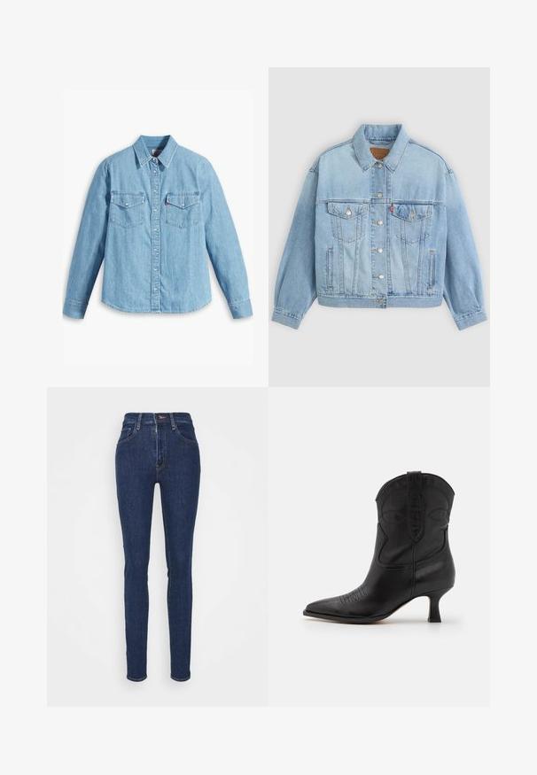Lichtblauwe denim jacket met een klassieke kraag, knoopsluiting, twee borstzakken, een ontspannen pasvorm en zichtbare stiksels.; Lichtblauwe spijker blouse met lange mouwen, puntige kraag, twee borstzakken, knoopsluiting en subtiele textuur. Geen zichtbare patronen.; Levi's® MILE HIGH SUPER SKINNY - Jeans Skinny Fit - rome winter; Zwarte leren cowboylaars met een spitse neus, lage hak en decoratieve stiksels op de schacht en de neus. Glad oppervlak overal.