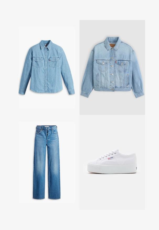 Veste en denim bleu clair avec un col classique, fermeture boutonnée, deux poches poitrine, coupe décontractée et détails de couture visibles.; Chemise en denim bleu clair à manches longues, col pointu, deux poches poitrine, patte de boutonnage et texture subtile. Pas de motifs visibles.; Jeans en denim bleu à taille haute, design à jambes larges et style à cinq poches. Présente un zip à bouton et une finition délavée.; Baskets en toile blanches avec une épaisse semelle plateforme blanche, bout rond et œillets en métal pour les lacets. Logo de la marque affiché sur le côté.