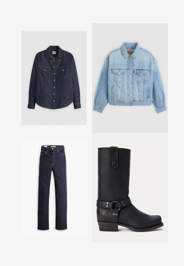 Lys blå denimjakke med klassisk krave, knaplukning, to brystlommer, afslappet pasform og synlige syningsdetaljer.; Mørkeblå denimskjorte med lange ærmer, knaplukning fortil, to brystlommer med klapper og kontrasterende gule sømme.; Mørkeblå straight-leg denim jeans med fem lommer og synlig orange syning på hvid baggrund.; Sort læder mellemhøje støvler med lav hæl, rund tå og dekorativ rem med metalnitter og ring omkring anklen.