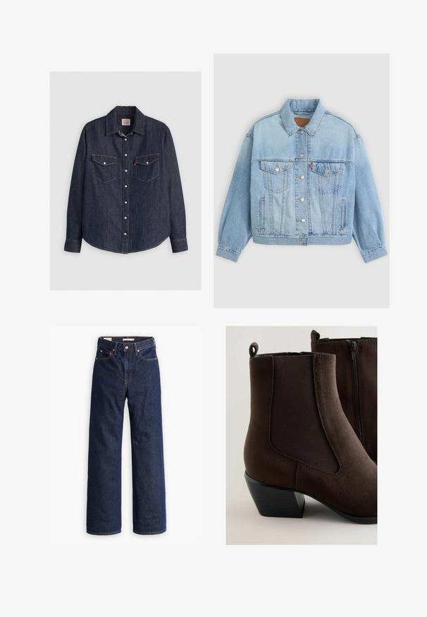Lys blå denimjakke med klassisk krave, knaplukning, to brystlommer, afslappet pasform og synlige syningsdetaljer.; Mørkeblå denimskjorte med lange ærmer, knaplukning fortil, to brystlommer med klapper og kontrasterende gule sømme.; Mørkeblå straight-leg denim jeans med fem lommer, orange syninger og knaplukning.; Brune ruskind ankelstøvler med elastiske sidepaneler, slidt tekstur og en stablet sort hæl. Har en lynlås for nemt at tage dem på.