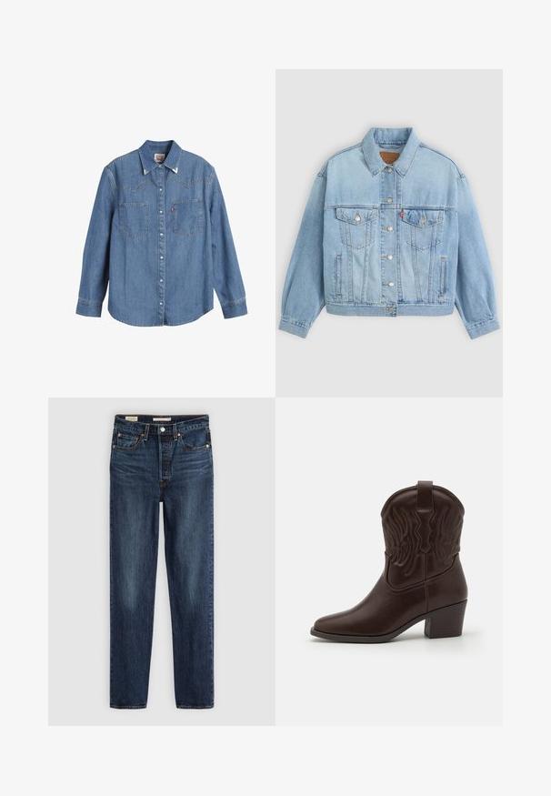 Heledad sinine denimpusak, millel on klassikaline krae, nööbid, kaks rinna taskut, lõdva istuvusega ja nähtavad õmblemise detailid.; Heledsinine denim särk pika varrukaga, terava krae, kahe rinnatasku ja kontrastsete õmblustega. Omab läänest inspireeritud kätetõusu disaini.; Tumedat sinised otsejalgsed teksad viie taskuga, nööp- ja tõmblukkidega, ning kontrastõmblustega.; Pruunist nahast cowboy saapad, millel on teravad varbad, reljeefsed tiivamustrid, kesk kõrguses plokk konts ja tõmbenupp taga.