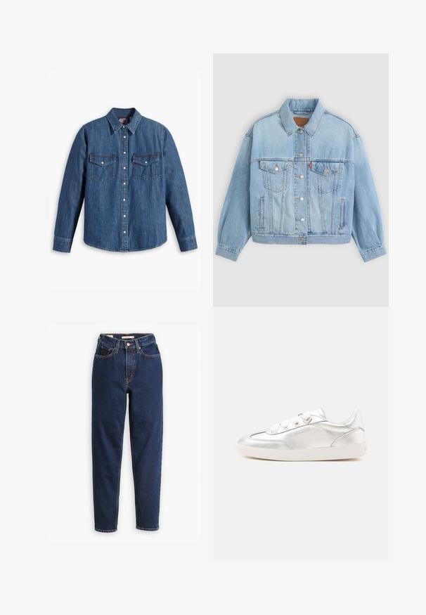 Chaqueta de mezclilla azul clara con un collar clásico, cierre de botones, dos bolsillos en el pecho, corte relajado y costuras visibles.; Camisa de denim en azul medio con cuello abotonado, mangas largas, dos bolsillos en el pecho y botones a presión plateados. Presenta costuras en contraste.; Jeans de mezclilla azul oscuro con cintura alta, diseño de cinco bolsillos y piernas rectas. Costuras en contraste y cierre de botón.; Zapatilla blanca de caña baja con acabado brillante, con la marca "Love Moschino" en el lateral, cierre de cordones y detalle metálico en forma de corazón cerca de los cordones.
