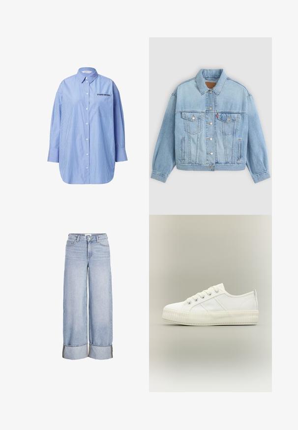 Lys blå denimjakke med klassisk krave, knaplukning, to brystlommer, afslappet pasform og synlige syningsdetaljer.; Stribet blå skjorte med knapper og lomme, hvor der står "STUDIO UNTOLD", klassisk krave og lange ærmer.; Lyseblå vidbenet denimjeans med optrukne kanter, forreste knap og lynlås, bæltestropper og forlommer.; Hvid lavtop sneaker med tyk ribbet sål, snørelukning foran og trækflap på hælen mod en neutral baggrund.