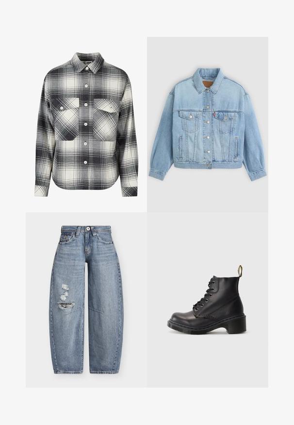 Veste en denim bleu clair avec un col classique, fermeture boutonnée, deux poches poitrine, coupe décontractée et détails de couture visibles.; Chemise en flanelle à carreaux noire, blanche et grise. Présente un devant à boutons, deux poches poitrine et des manches longues avec des poignets boutonnés.; Jean en denim bleu à jambes larges, taille haute avec des déchirures usées sur la cuisse gauche, avec poches avant et passants de ceinture.; Bottines en cuir noir avec un bout arrondi, un design à lacets et un talon en caoutchouc texturé. Dispose d'une boucle jaune à l'arrière pour un enfilage facile.