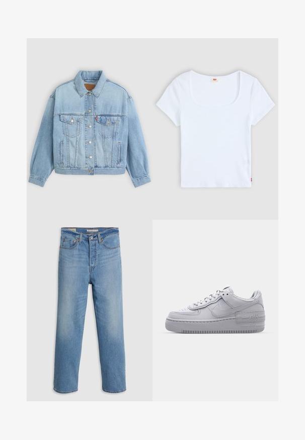 Lichtblauwe denim jacket met een klassieke kraag, knoopsluiting, twee borstzakken, een ontspannen pasvorm en zichtbare stiksels.; Witte korte mouwtop met een vierkante halslijn, gemaakt van ribbelstructuur stof. Heeft een klein rood logo etiket aan de onderkant aan de linkerkant.; Lichtblauwe rechte denim jeans met voorzakken, riemlussen en een knoopsluiting op een effen achtergrond.; Grijze Nike Air Force 1 sneaker met geperforeerde neus, glad leren bovenwerk, dikke zool en verhoogde 'AIR' details op de hiel.