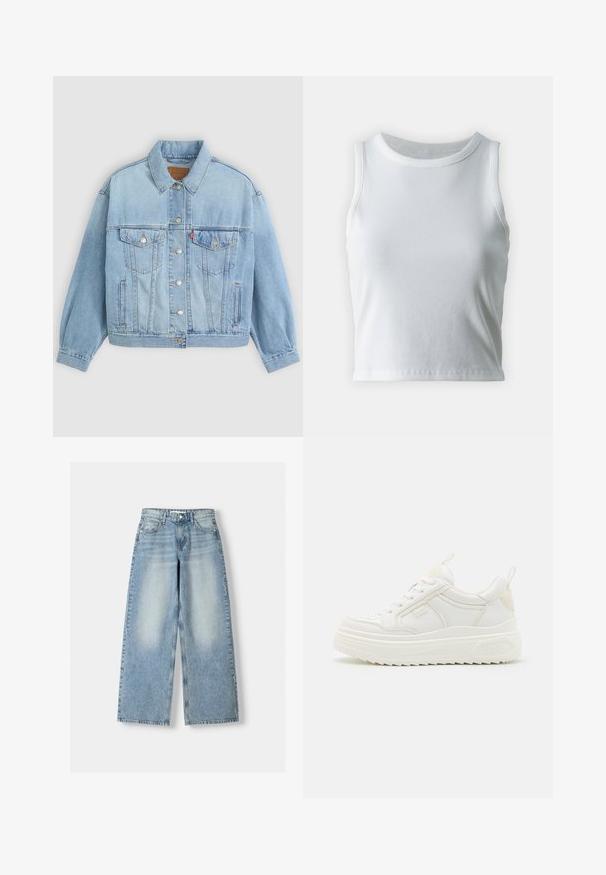 Lichtblauwe denim jacket met een klassieke kraag, knoopsluiting, twee borstzakken, een ontspannen pasvorm en zichtbare stiksels.; Witte geribde tanktop met een ronde halslijn en mouwloos ontwerp, voorzien van een rechte zoom en een gladde, rekbare textuur.; Lichtblauwe denim wijde jeans met een hoge taille, met een vervaagde afwerking, vijf zakken en een rechte cut.; Witte leren sneakers met een stevige zool, vetersluiting en subtiele branding. Heeft een zachte textuur en een ronde neus.