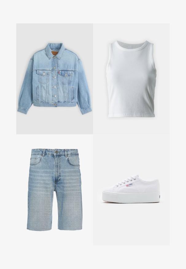 Hellblaue Jeansjacke mit klassischem Kragen, Knopfverschluss, zwei Brusttaschen, lässiger Passform und sichtbaren Nähten.; Weißes, geripptes Tanktop mit runder Ausschnittform und ärmellosem Design, ausgestattet mit einem geraden Saum und einer glatten, dehnbaren Textur.; Jeansshorts in hellblau, mit einem klassischen Fünf-Taschen-Design, Knopfverschluss, geradem Schnitt und subtilen Ausbleichungen im Stoff.; Weiße Leinenschuhe mit einer dicken weißen Plattformsohle, runder Zehenpartie und Metallösen für die Schnürsenkel. Markenlogo an der Seite angebracht.