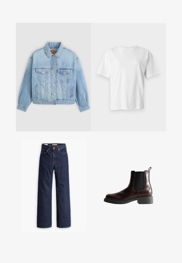 Veste en denim bleu clair avec un col classique, fermeture boutonnée, deux poches poitrine, coupe décontractée et détails de couture visibles.; T-shirt blanc uni à manches courtes et col rond, présenté à plat sur un fond gris clair.; Jeans en denim droit bleu foncé avec cinq poches, surpiqûres orange et fermeture à boutons.; Bottine en cuir marron avec des panneaux élastiques sur les côtés, bout rond et semelle en caoutchouc noir texturé. Comprend des coutures contrastées et une languette.