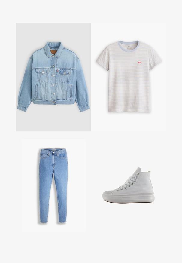 Hellblaue Jeansjacke mit klassischem Kragen, Knopfverschluss, zwei Brusttaschen, lässiger Passform und sichtbaren Nähten.; Kurzärmeliges weißes T-Shirt mit dünnen horizontalen blauen und beigen Streifen und einem kleinen roten Levi's-Logo auf der linken Brust.; Hellblaue, hoch-taillierte, schmale Jeans mit vorderen und hinteren Taschen, Knopfverschluss und Gürtelschlaufen auf weißem Hintergrund.; Weißer High-Top-Canvas-Sneaker mit weißen Schnürsenkeln, metallischen Ösen, dicker Gummisohle und strukturierter Zehenkappe, nach links auf weißem Hintergrund ausgerichtet.