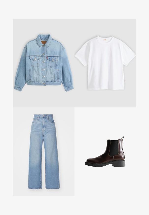 Lichtblauwe denim jacket met een klassieke kraag, knoopsluiting, twee borstzakken, een ontspannen pasvorm en zichtbare stiksels.; Wit katoenen t-shirt met korte mouwen, ronde hals, losse pasvorm, gladde textuur en een klein logolabel aan de linker zijnnaad.; Lichtblauwe high-waist wijde jeans met een knoop- en ritssluiting aan de voorkant, voor- en achterzakken, op een witte achtergrond.; Bruine leren enkelboot met elastische zijpanelen, ronde neus en een gestructureerde zwarte rubberen zool. Heeft contrasterende stiksels en een lusje aan de achterkant.