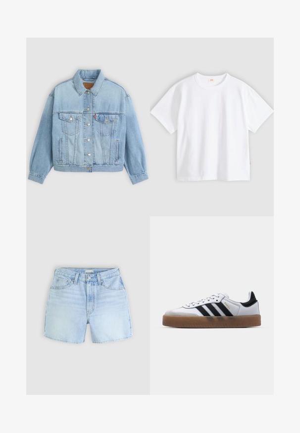 Lys blå denimjakke med klassisk krave, knaplukning, to brystlommer, afslappet pasform og synlige syningsdetaljer.; Hvid bomuld t-shirt med korte ærmer, rund hals, afslappet pasform, glat tekstur og en lille logolabel på venstre sidesøm.; Lysblå denimshorts med fem-pockets design, knaplukning og let fransede kanter. Stoffet har et blødt, textureret udseende.; Hvide lædersneakers med sorte striber, gummirubber sål, rund tå, snørelukning og blød grå ruskinds tåhætte.