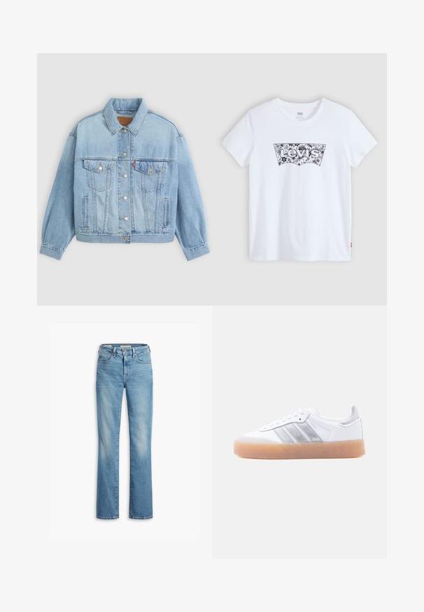 Lys blå denimjakke med klassisk krave, knaplukning, to brystlommer, afslappet pasform og synlige syningsdetaljer.; Hvid Levi's T-shirt med korte ærmer og et sort logo med blomsterprint centralt på brystet.; Lyseblå denim jeans med lige ben-design, knaplukning, fem lommer og udvaskede områder for et slidt look. Rensekant.; Hvid lavtop-sneaker med gum-gummisål, sølvstribede sideaccents og snørelukning, vist mod en ensfarvet lys baggrund.