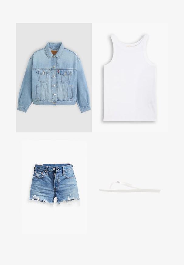 Veste en denim bleu clair avec un col classique, fermeture boutonnée, deux poches poitrine, coupe décontractée et détails de couture visibles.; Débardeur en coton blanc avec de larges bretelles, un col rond et une texture lisse et côtelée. Aucun motif ni accent présent.; Shorts en denim bleu clair avec des bords effilochés, taille haute, fermeture à bouton et deux poches avant ; des détails usés ajoutent de la texture.; Tongs blanches avec des fines sangles et une semelle texturée. Design minimaliste caractérisé par une forme simple et sans motifs ou accents voyants.
