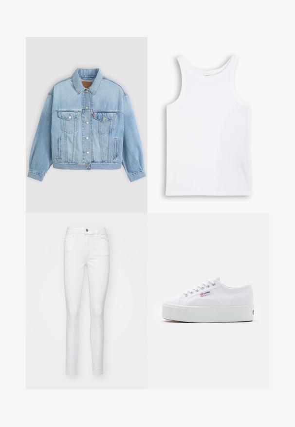 Hellblaue Jeansjacke mit klassischem Kragen, Knopfverschluss, zwei Brusttaschen, lässiger Passform und sichtbaren Nähten.; Weißes Baumwoll-Tanktop mit breiten Schulterträgern, einem runden Halsausschnitt und einer glatten, gerippten Textur. Keine Muster oder Akzente vorhanden.; Weiße, schmale Jeans aus Jeansstoff, mit einem Vorderknopfverschluss, fünf Taschen und einer glatten Textur des Stoffes.; Weiße Leinenschuhe mit einer dicken weißen Plattformsohle, runder Zehenpartie und Metallösen für die Schnürsenkel. Markenlogo an der Seite angebracht.