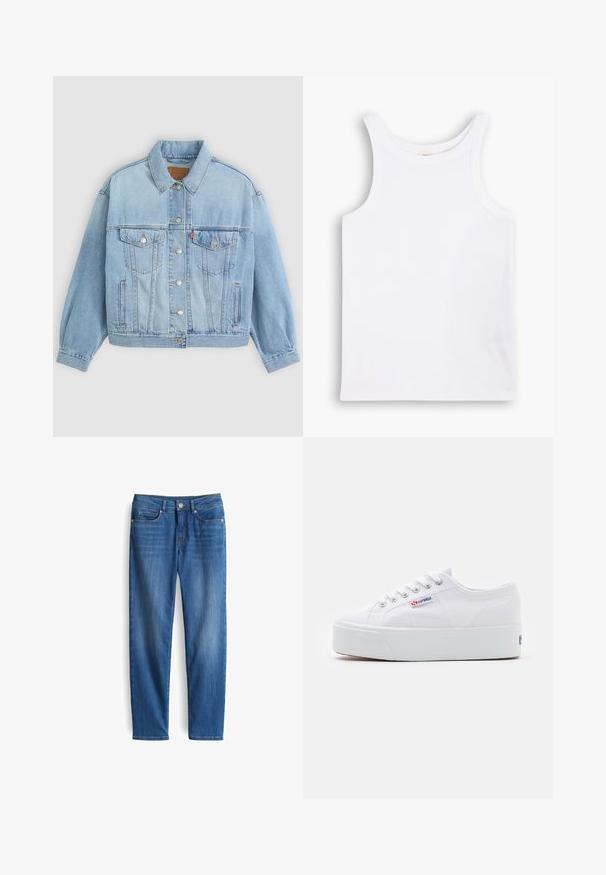 Lichtblauwe denim jacket met een klassieke kraag, knoopsluiting, twee borstzakken, een ontspannen pasvorm en zichtbare stiksels.; Witte katoenen tanktop met brede schouderbanden, een ronde halslijn en een gladde, geribbelde textuur. Geen patronen of accenten aanwezig.; Blauwe spijkerbroek met voorzakken, riemlussen en een knoopsluiting, weergegeven tegen een witte achtergrond.; Witte canvas sneaker met een dikke witte platformzool, ronde neus en metalen oogjes voor veters. Merkl logo aan de zijkant weergegeven.