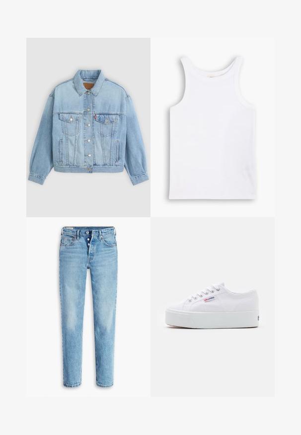 Chaqueta de mezclilla azul clara con un collar clásico, cierre de botones, dos bolsillos en el pecho, corte relajado y costuras visibles.; Top sin mangas de algodón blanco con tirantes anchos, escote redondo y una textura lisa y acanalada. Sin patrones ni adornos.; Jeans de denim azul claro con un diseño de pierna recta, estilo de cinco bolsillos y cierre de botón. Presentan áreas deslavadas y efecto de arrugas para dar textura.; Zapatilla de lona blanca con una gruesa suela de plataforma blanca, punta redonda y ojales de metal para los cordones. Logotipo de la marca mostrado en el lateral.