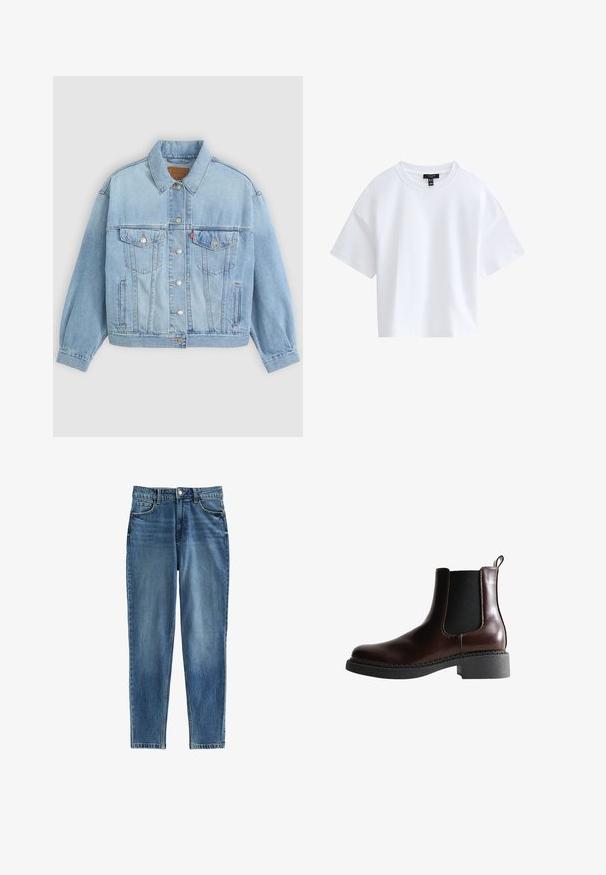 Lichtblauwe denim jacket met een klassieke kraag, knoopsluiting, twee borstzakken, een ontspannen pasvorm en zichtbare stiksels.; Effen witte cropped T-shirt met korte mouwen, een ronde hals en een zwart merkembleem aan de binnenkant van de kraag.; Blauwe spijkerbroek met een rechte pasvorm, met een hoge taille, vijf zakken en subtiele vervaagde plekken voor textuur. Metalen knoopsluiting.; Bruine leren enkelboot met elastische zijpanelen, ronde neus en een gestructureerde zwarte rubberen zool. Heeft contrasterende stiksels en een lusje aan de achterkant.