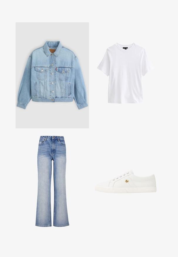 Lys blå denimjakke med klassisk krave, knaplukning, to brystlommer, afslappet pasform og synlige syningsdetaljer.; Hvid t-shirt med korte ærmer og rund halsudskæring med en sort tøjetiket inde i kraven på hvid baggrund.; Lys blå denim bred-benede jeans har høj talje, knaplukning, diskret slidmærker og et klassisk fem-lomme design.; Lauren Ralph Lauren JANSON II CANVAS SNEAKER - Sneakers - optic white