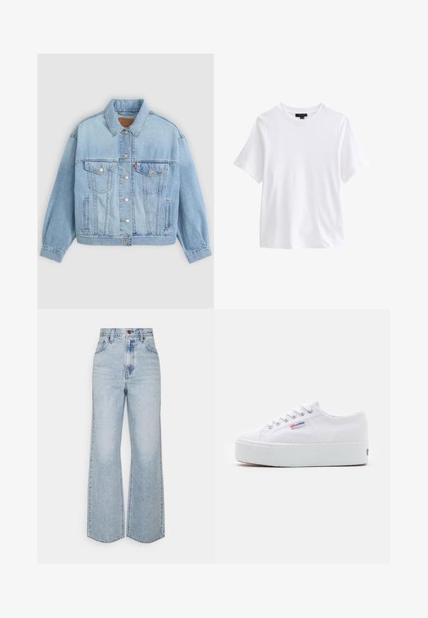 Lys blå denimjakke med klassisk krave, knaplukning, to brystlommer, afslappet pasform og synlige syningsdetaljer.; Hvid t-shirt med korte ærmer og rund halsudskæring med en sort tøjetiket inde i kraven på hvid baggrund.; Lysblå denim brede ben jeans med høj talje, klassisk fem-lomme design og kontrasterende syninger. Uslebne kanter i bunden.; Hvide canvas sneakers med en tyk hvid platformssål, rund tå og metaløjelets til snørebånd. Mærkets logo præsenteret på siden.