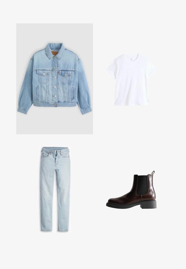 Lichtblauwe denim jacket met een klassieke kraag, knoopsluiting, twee borstzakken, een ontspannen pasvorm en zichtbare stiksels.; Wit katoenen t-shirt met korte mouwen, ronde hals en rechte zoom. Heeft een klein rood logotag aan de linkeronderzijde.; Lichtblauwe denim jeans met een hoge taille, vijf zakken, knoopsluiting en rechte pijpen. Heeft subtiele vervagingen en een gestructureerde afwerking.; Bruine leren enkelboot met elastische zijpanelen, ronde neus en een gestructureerde zwarte rubberen zool. Heeft contrasterende stiksels en een lusje aan de achterkant.