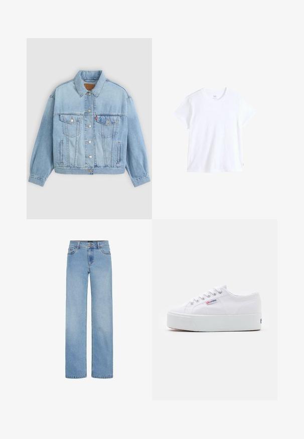 Lys blå denimjakke med klassisk krave, knaplukning, to brystlommer, afslappet pasform og synlige syningsdetaljer.; Hvid bomuld t-shirt med korte ærmer, rund halsudskæring og lige kant. Har en lille rød logoetiket på nederste venstre side.; Lys blå, vide jeans lavet af denim. Har en standard talje, forlommer og en lynlås med knaplukning.; Hvide canvas sneakers med en tyk hvid platformssål, rund tå og metaløjelets til snørebånd. Mærkets logo præsenteret på siden.