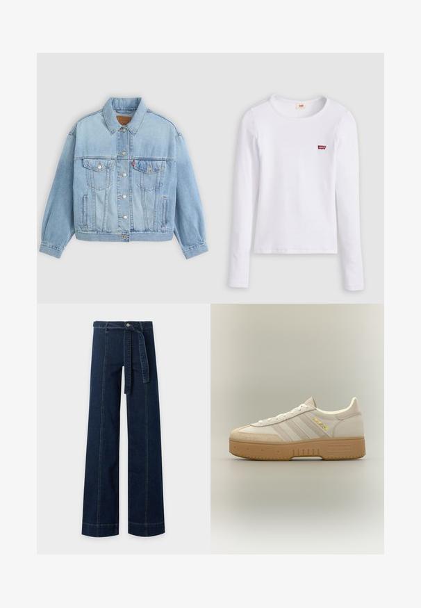 Chaqueta de mezclilla azul clara con un collar clásico, cierre de botones, dos bolsillos en el pecho, corte relajado y costuras visibles.; Camiseta blanca de manga larga Levi's con cuello redondo y pequeño logo rojo de Levi's en el pecho izquierdo, presentada sobre un fondo liso.; Pantalón vaquero azul oscuro de pierna ancha con detalles de costura en la parte delantera y cinturón de tela a juego atado a la cintura.; Zapatilla Adidas crema y beige con suela de goma, tres rayas en el lateral, y "SPECIAL" escrito en dorado cerca de los cordones.