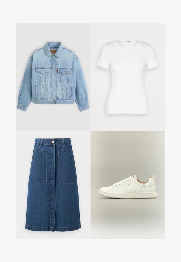 Hellblaue Jeansjacke mit klassischem Kragen, Knopfverschluss, zwei Brusttaschen, lässiger Passform und sichtbaren Nähten.; Weißes Baumwoll-T-Shirt mit kurzen Ärmeln, rundem Ausschnitt und gerippter Textur. Schmal geschnittenes Design mit einer glatten, sauberen Verarbeitung.; Dunkelblauer Jeansrock knielang mit vorderer Knopfleiste, Gürtelschlaufen und zwei großen vorderen aufgesetzten Taschen.; Weißer Sneaker mit niedrigem Schaft, Schnürsenkeln, perforierten Seitendetails und einem Zuglasche an der Ferse, vor neutralem Hintergrund.