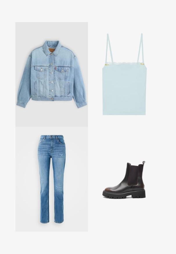 Heledad sinine denimpusak, millel on klassikaline krae, nööbid, kaks rinna taskut, lõdva istuvusega ja nähtavad õmblemise detailid.; Heled sinine õlapaeltega top, ribikoe struktuur, pitsääris kaeluses ja väike lilledekoreering küljel.; Heledad sinise värvi kõrge vöökohaga teksad, sirge säärega, millel on kulunud viimistlus ja fraktsiooniga detailid ees ja taga.; Pruunid nahast ankle boots elastsete külgpanelidega, jäme must kummitald, ümar varvas, kontrastsete õmblustega ja tõmbelint tagaküljel.
